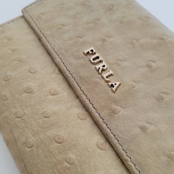 Furla Italian Trifold Wallet Medium Ostrich Leather Gray Designer Compact Logo - Picture 11 of 11